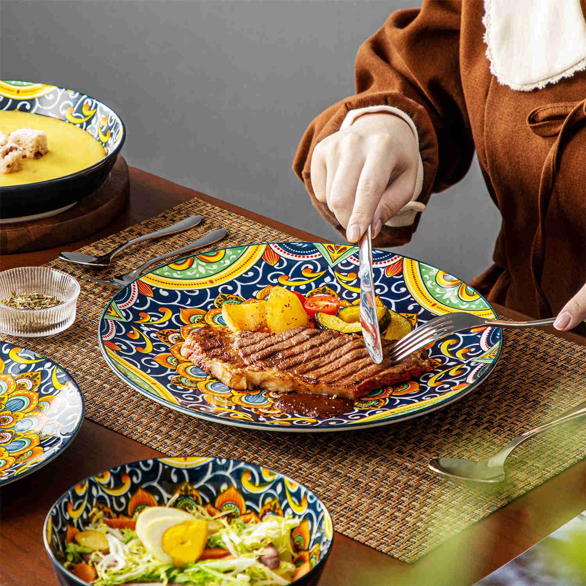 Dinner set - Dinner sets - Dinner set for 12 people - Bohemian Pattern - Porcelain - 48-Piece Dinnerware - Dinner plate - Dessert plate - Bowl - Soup bowl