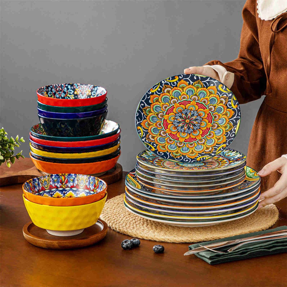Dinner set - Dinner sets - Dinner set for 12 people - Bohemian Pattern - Porcelain - 48-Piece Dinnerware - Dinner plate - Dessert plate - Bowl - Soup bowl