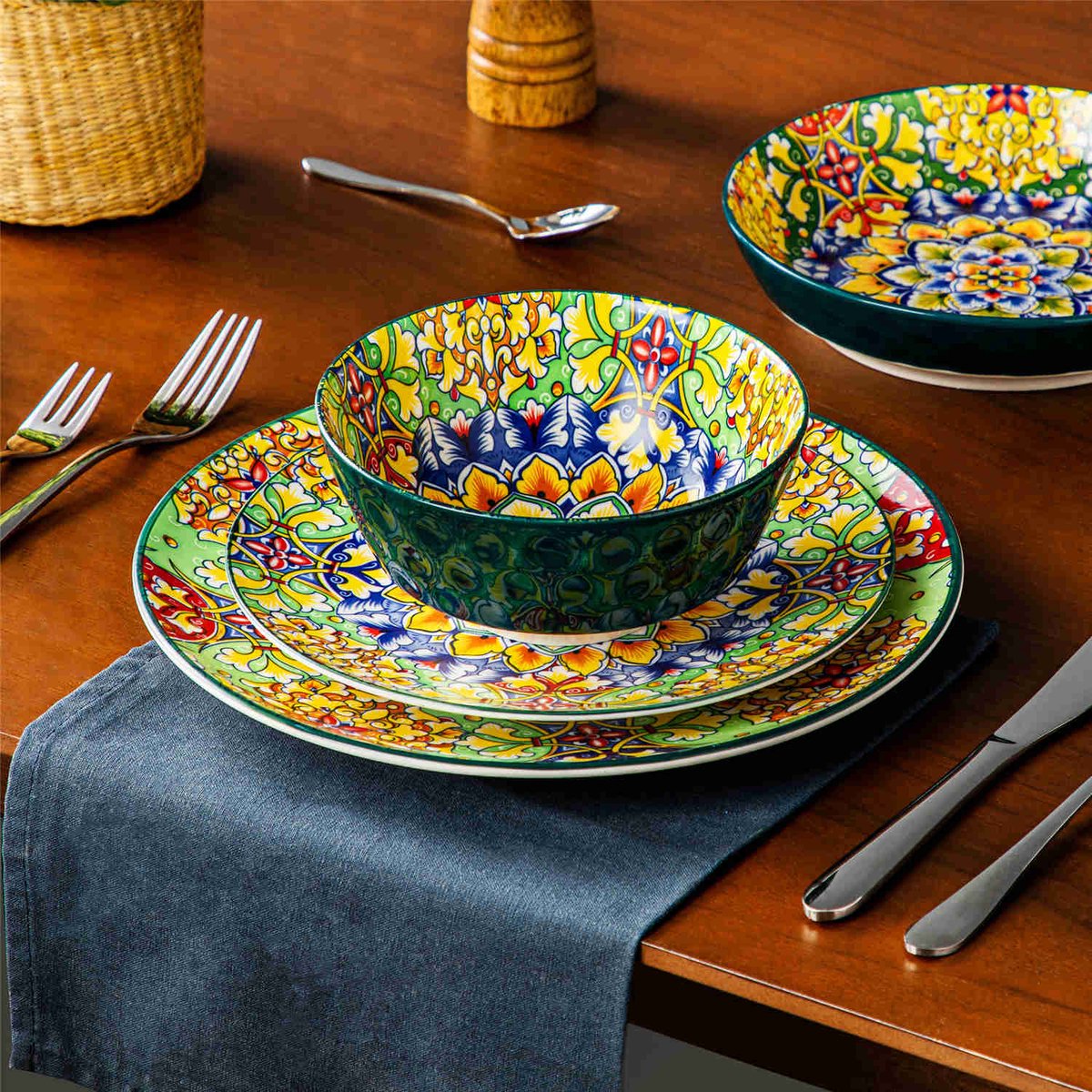 Dinner set - Dinner sets - Dinner set for 12 people - Bohemian Pattern - Porcelain - 48-Piece Dinnerware - Dinner plate - Dessert plate - Bowl - Soup bowl