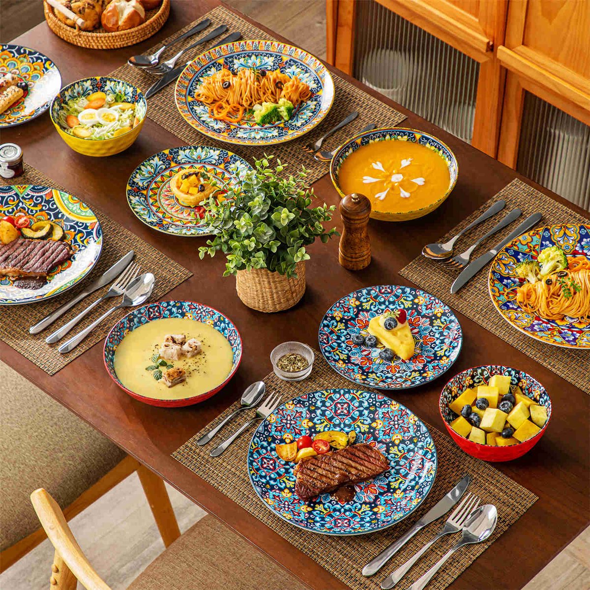Dinner set - Dinner sets - Dinner set for 12 people - Bohemian Pattern - Porcelain - 48-Piece Dinnerware - Dinner plate - Dessert plate - Bowl - Soup bowl