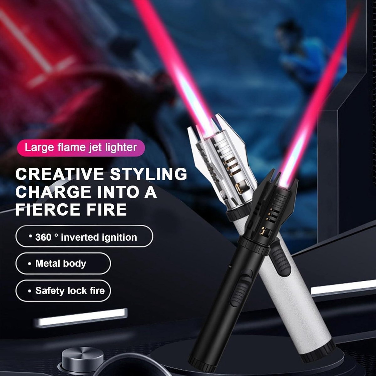 Winddichte Metalen Gas Navulbare Butaan Aansteker - Lightsaber Keuken Kook Toorts Aansteker - Jet Toorts Aanstekers voor Sigaar BBQ Bakken - Cadeau voor Man - Mat Zwart