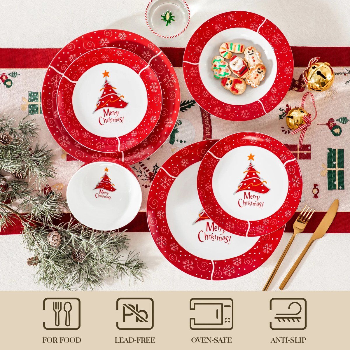 Serviesset - Serviesset 6 personen - Serviessets - Vrolijk kerstfeest - Porselein - 18-Delig Servies - Dinerbord - Dessertbord - Kom
