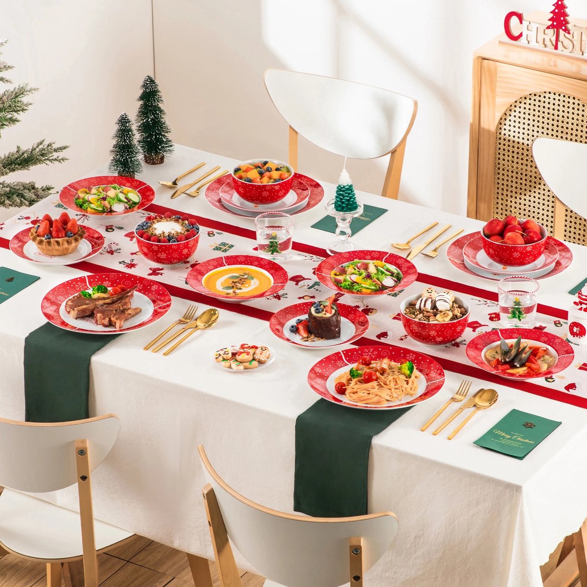 Serviesset - Serviesset 6 personen - Serviessets - Vrolijk kerstfeest - Porselein - 18-Delig Servies - Dinerbord - Dessertbord - Kom