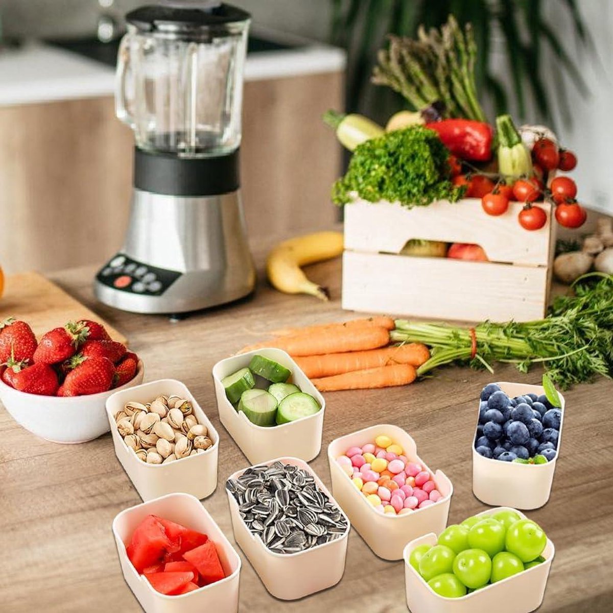 Snack tray met deksel - opbergdoos voor snacks - snackbord met 8 vakken - organizer voor kruidenpotjes - snoep, veganistisch, koekjes - noten, fruit - dip, tapaskommen (8)