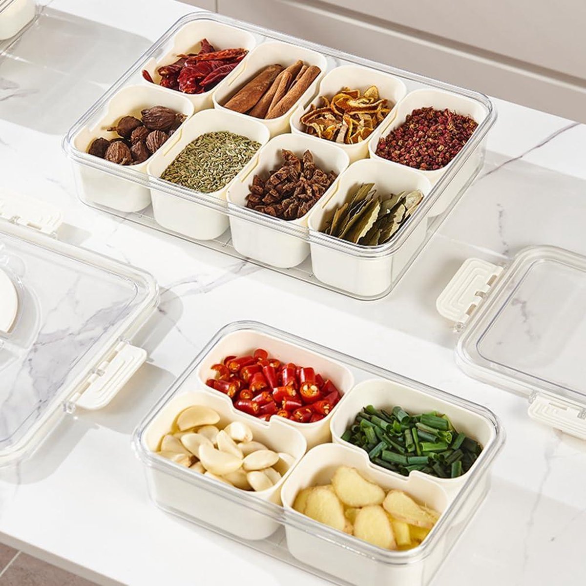 Snack tray met deksel - opbergdoos voor snacks - snackbord met 8 vakken - organizer voor kruidenpotjes - snoep, veganistisch, koekjes - noten, fruit - dip, tapaskommen (8)