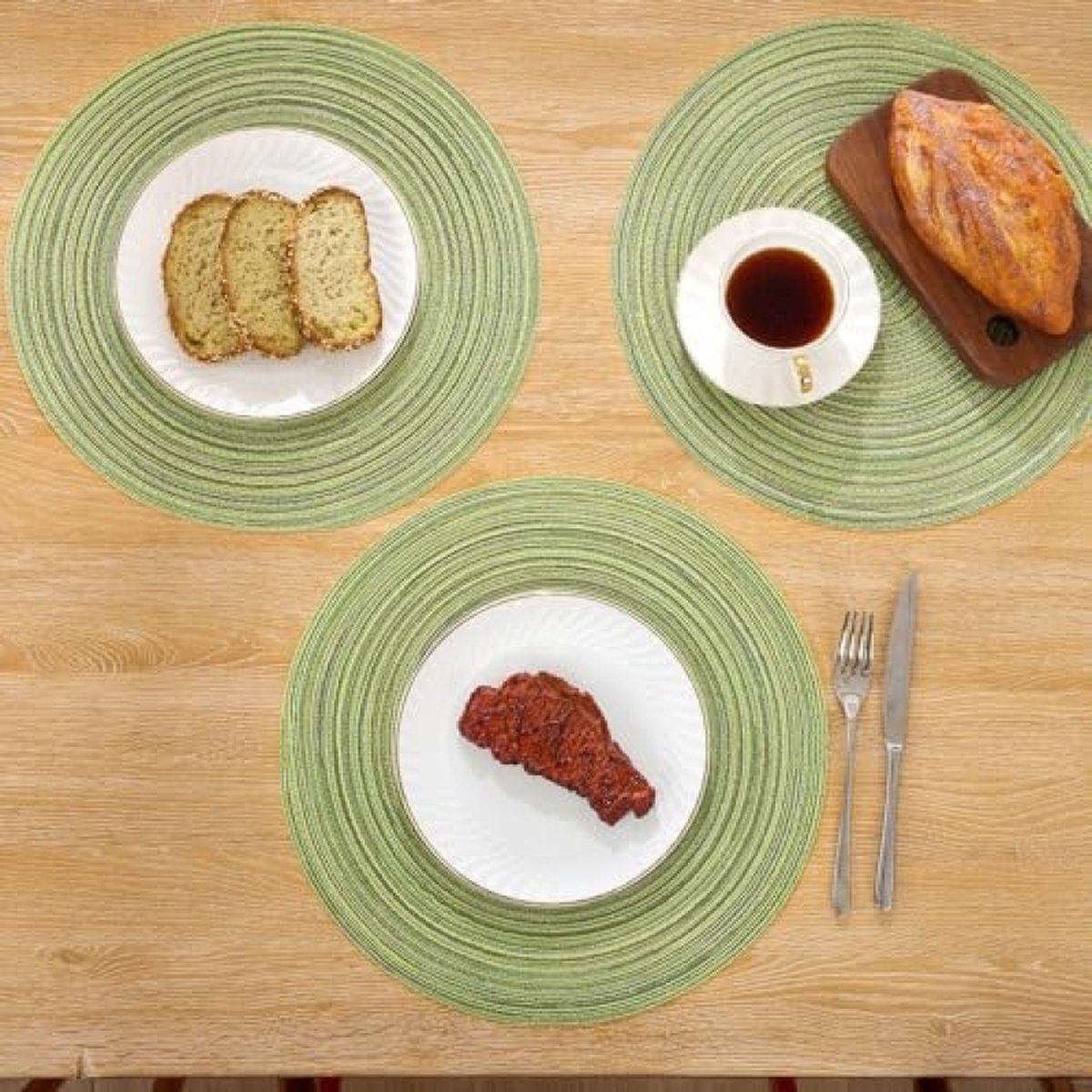Set van 6 placemats, katoen, rond, gevlochten placemats, afwasbaar, grijs, rond, wasbaar, hittebestendig, voor bruiloft, feest, keuken, decoratie, 38 cm (Groen)