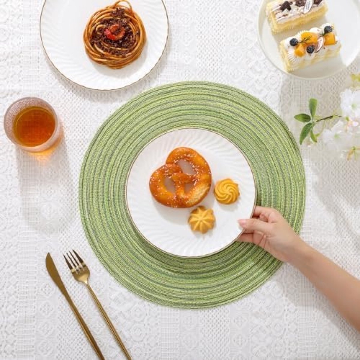 Set van 6 placemats, katoen, rond, gevlochten placemats, afwasbaar, grijs, rond, wasbaar, hittebestendig, voor bruiloft, feest, keuken, decoratie, 38 cm (Groen)