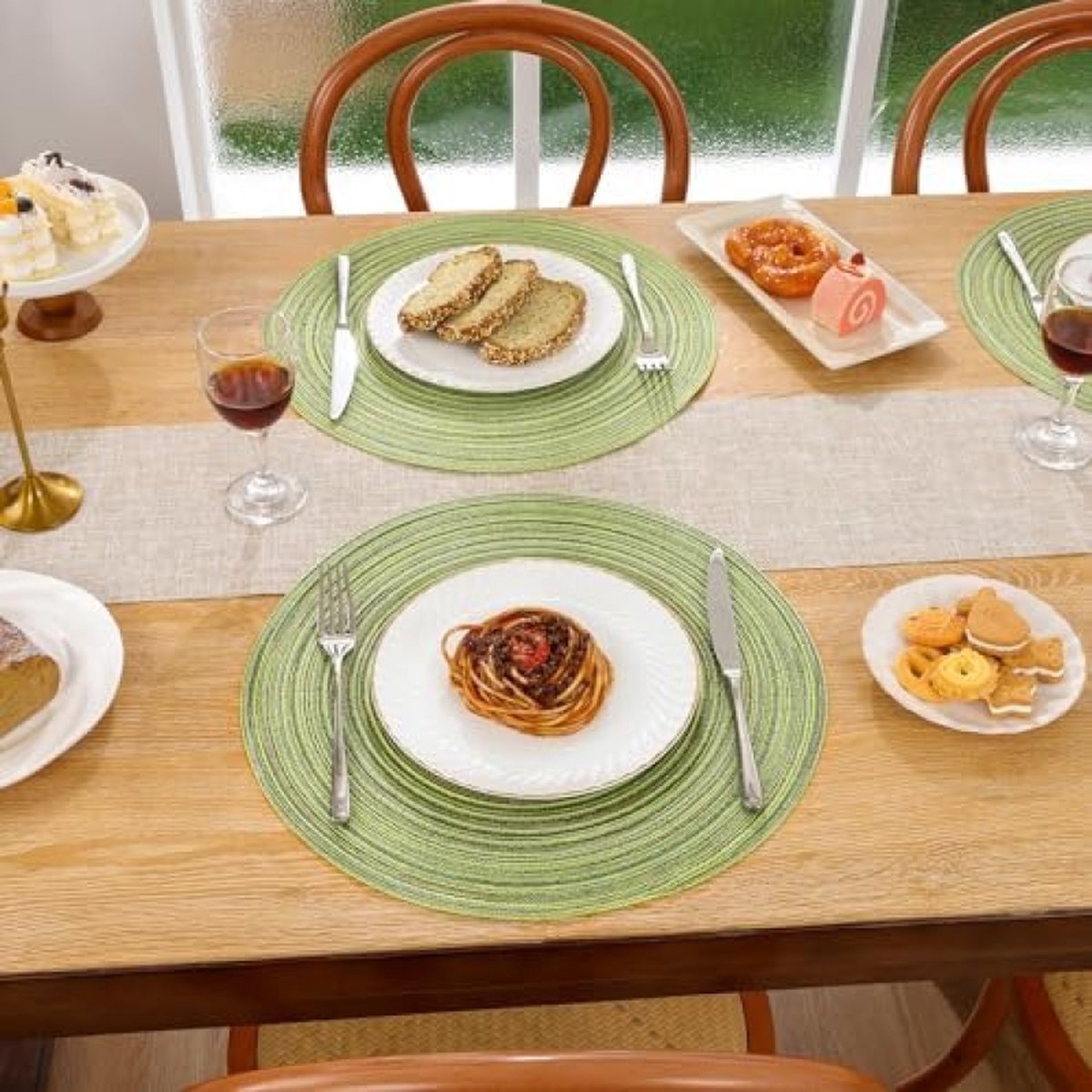 Set van 6 placemats, katoen, rond, gevlochten placemats, afwasbaar, grijs, rond, wasbaar, hittebestendig, voor bruiloft, feest, keuken, decoratie, 38 cm (Groen)