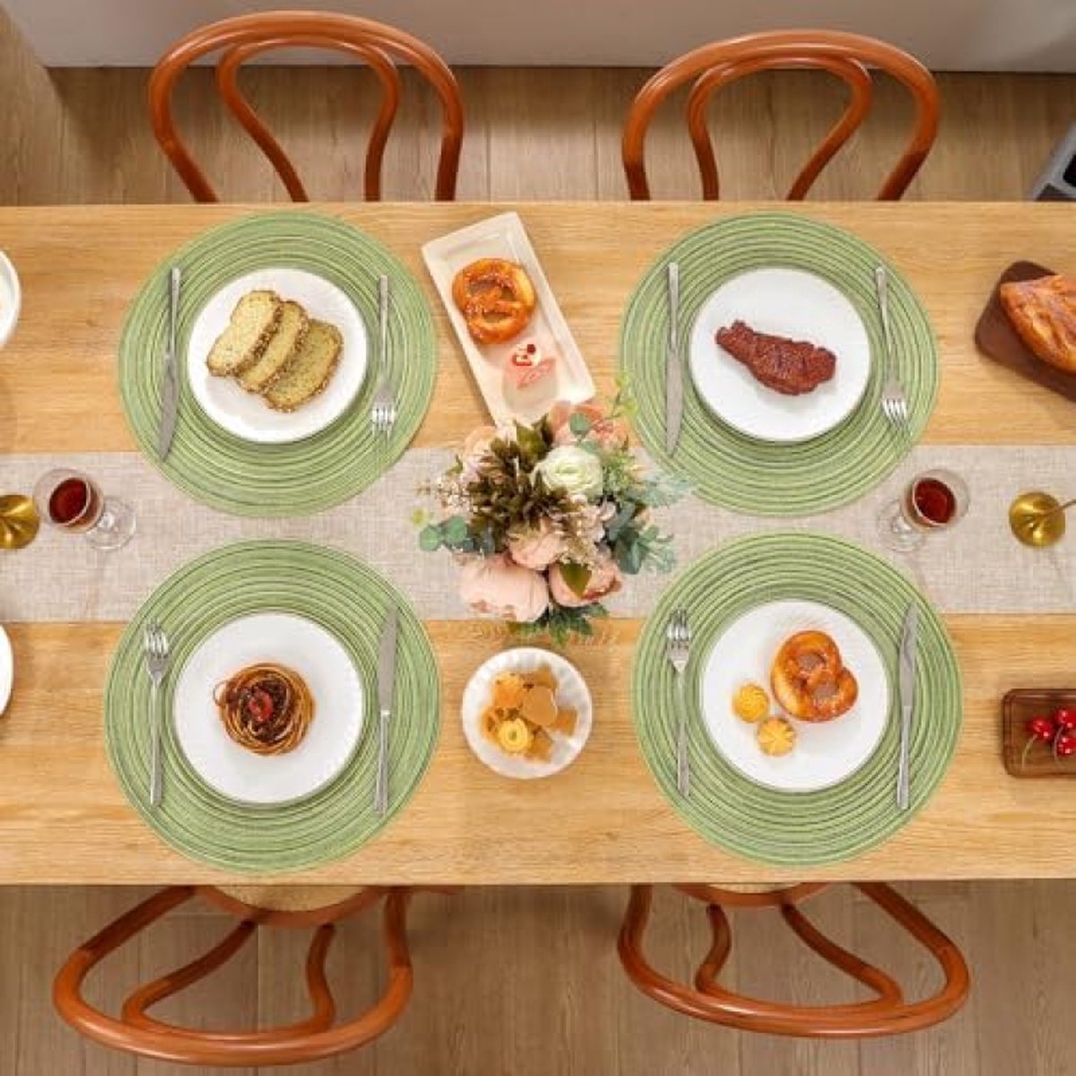 Set van 6 placemats, katoen, rond, gevlochten placemats, afwasbaar, grijs, rond, wasbaar, hittebestendig, voor bruiloft, feest, keuken, decoratie, 38 cm (Groen)