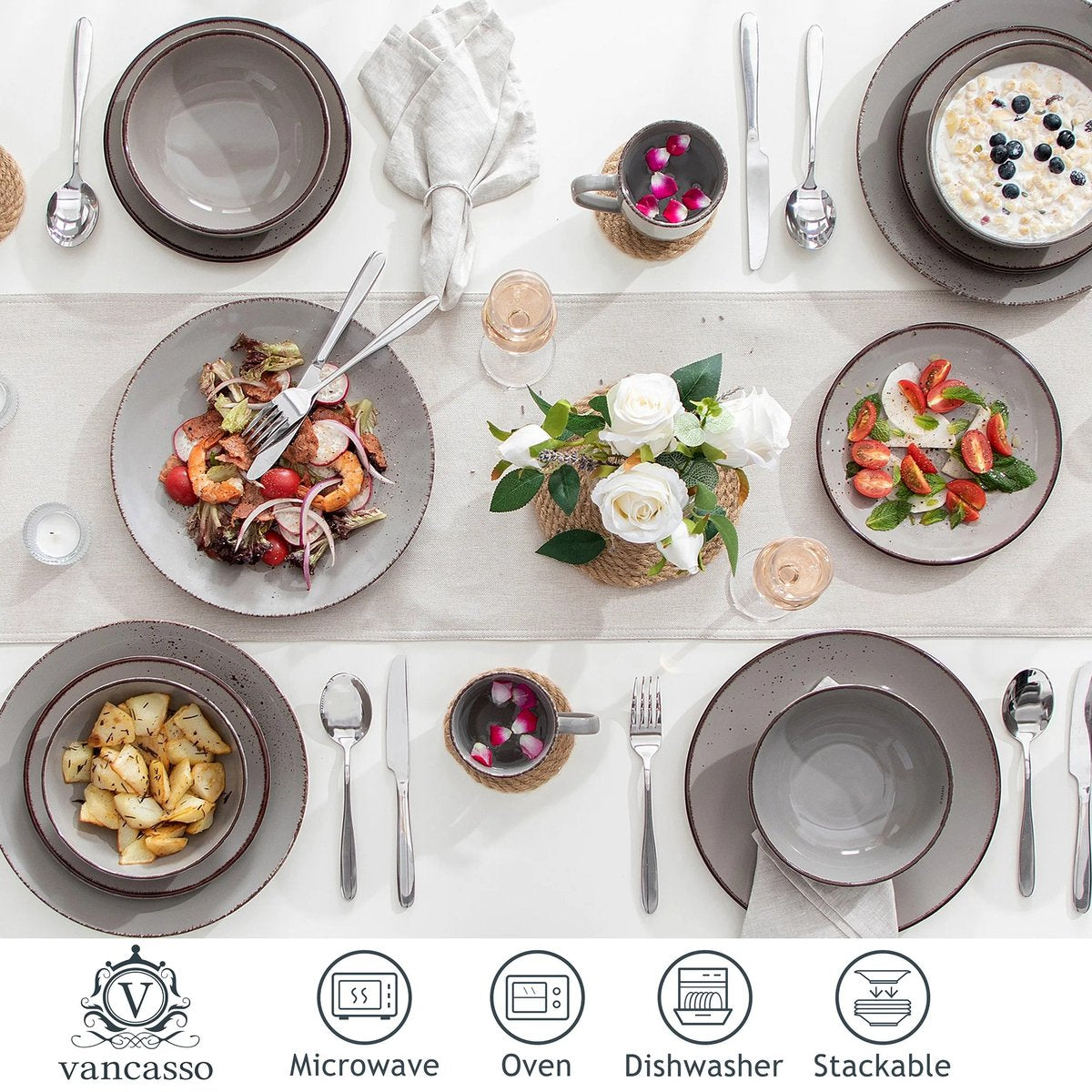 Serviesset - Serviessets - Serviesset 8-persoons - Grijs Effen - Porselein - 32-Delig Servies - Dinerbord - Dessertbord - Kom - Mok