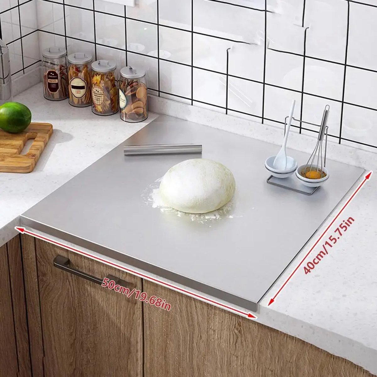 RVS Snijplank met Opstaande Rand - 50x40x1.5 cm - Multifunctionele Keuken Snij- en Bakplank - Aanrecht Bescherming - Ideaal voor Pizza, Voedsel, Gebak en Keuken Accessoires