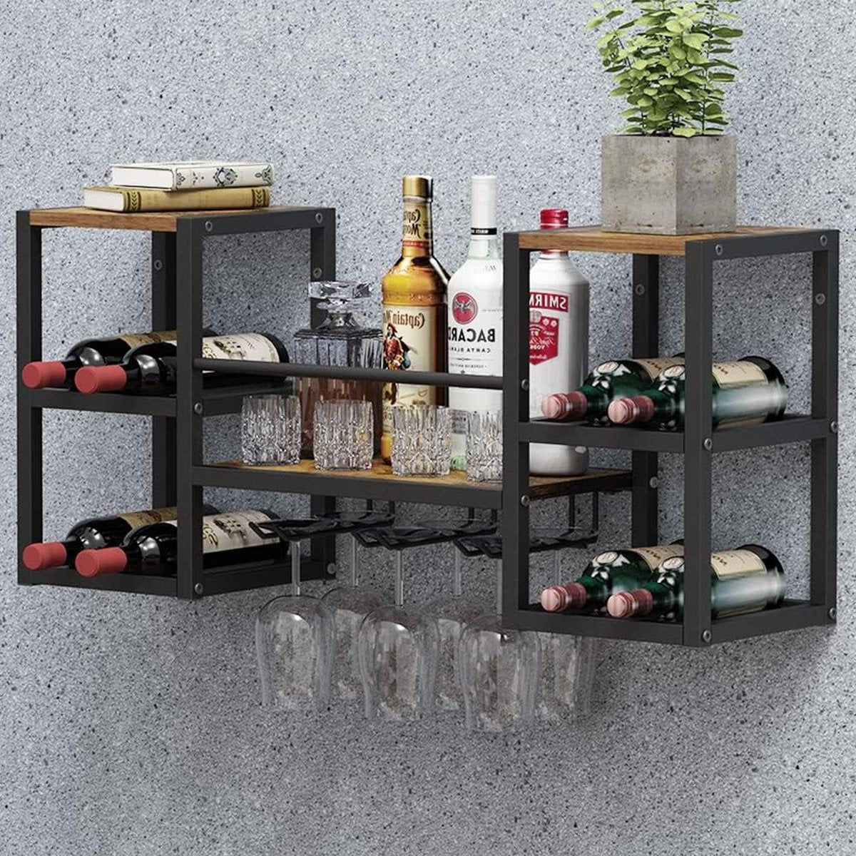 Wijnrek voor aan de muur met 3 glazenhouders - multifunctionele wijndisplay voor thuisbar en keuken met gedeeltelijke houten plank en zwarte metalen flessenhouder