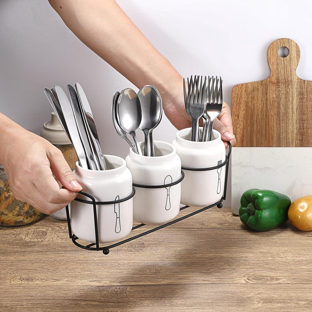 3-delige keramische bestekset - bestekmand metaal - lepelhouder aardewerk - wit Bestek organizer
