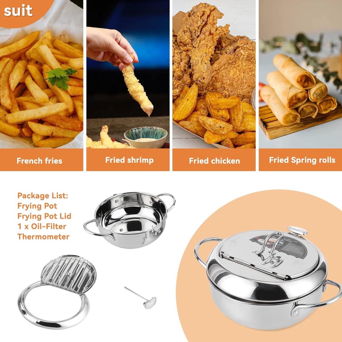 RVS Frituurpan, Japanse stijl Tempura Fryer Pot met frituurthermometer en deksels (S)