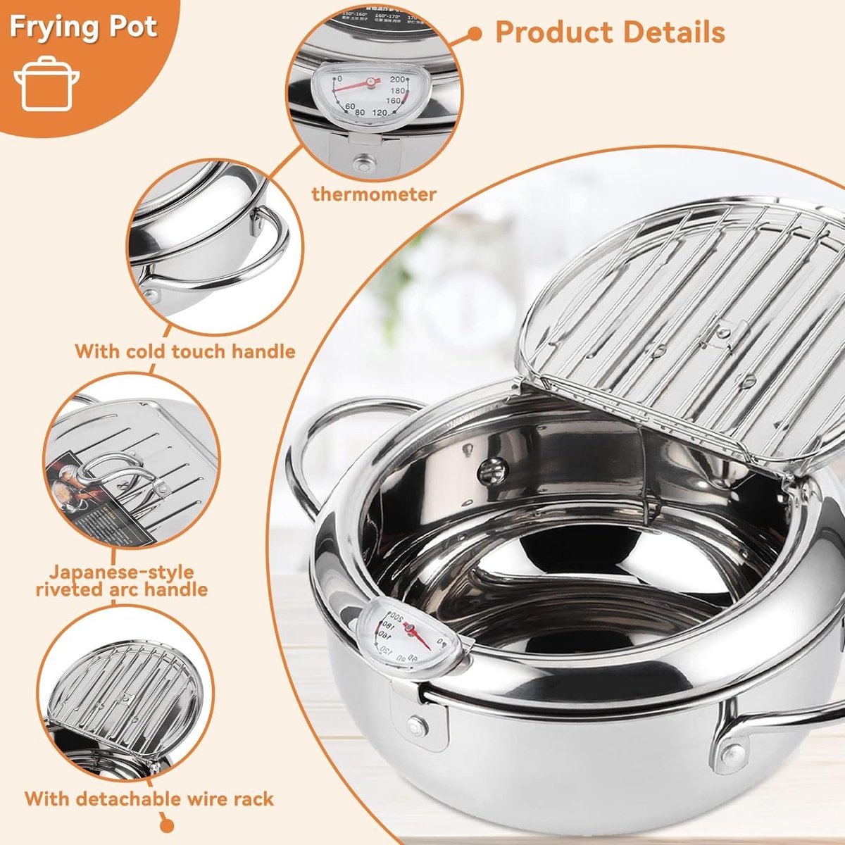 RVS Frituurpan, Japanse stijl Tempura Fryer Pot met frituurthermometer en deksels (S)