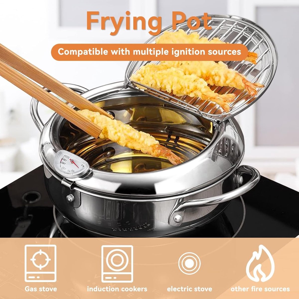 RVS Frituurpan, Japanse stijl Tempura Fryer Pot met frituurthermometer en deksels (S)