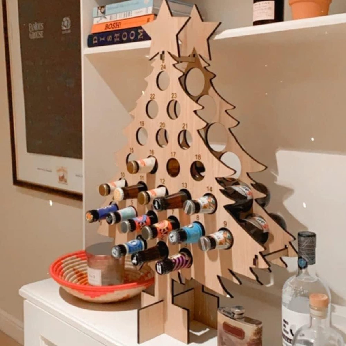 Stackable Wine Rack Advent Calendar 24 Wooden Christmas Tree Wine Holder - Christmas Wine Standing Organizer - Storage Shelf - Countertop Organizer
