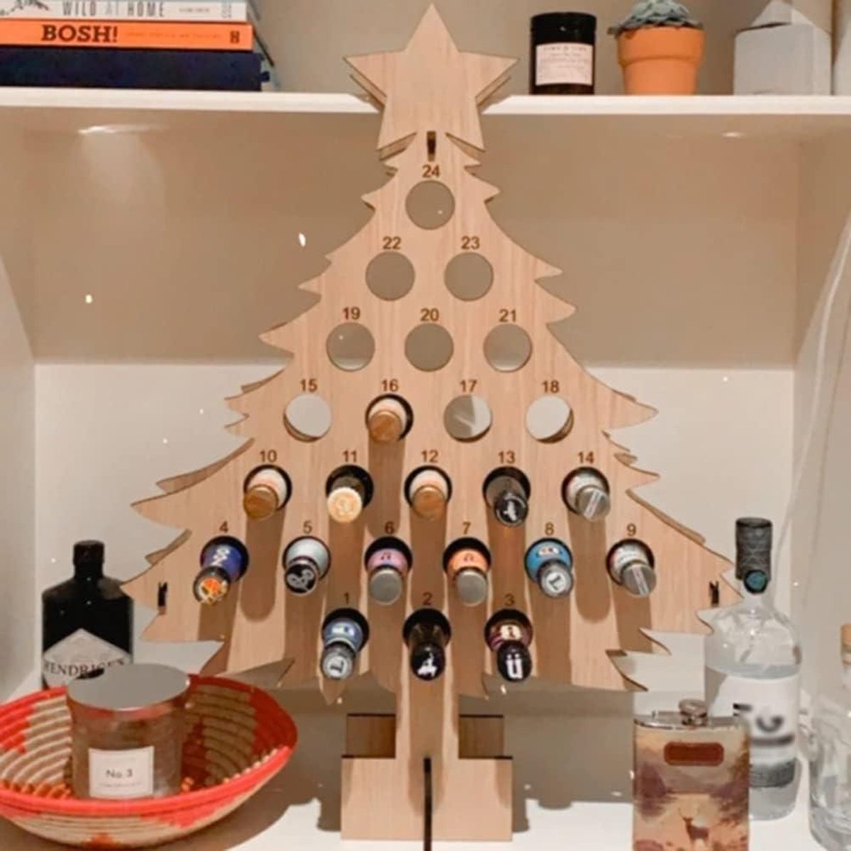 Stackable Wine Rack Advent Calendar 24 Wooden Christmas Tree Wine Holder - Christmas Wine Standing Organizer - Storage Shelf - Countertop Organizer