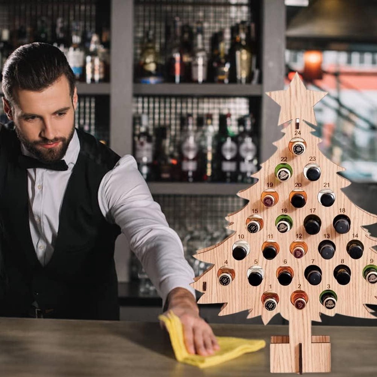 Stackable Wine Rack Advent Calendar 24 Wooden Christmas Tree Wine Holder - Christmas Wine Standing Organizer - Storage Shelf - Countertop Organizer
