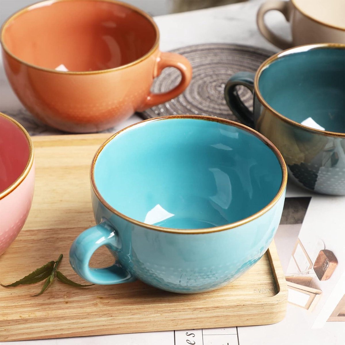 Large 700ml Teacup Ceramic Cappuccino Cup Jumbo Mug Soup Bowl Handle - Mug with Spoon Porcelain Soup Bowls with Ear