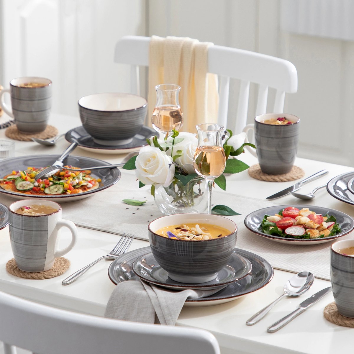 Serviesset - Serviessets - Serviesset 8 personen - Grijze Cirkels - Porselein - 32-delig Servies - Dinerbord - Dessertbord - Kom - Mok