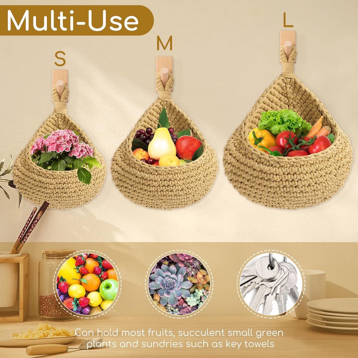 Hangmand, fruitmand, hangende wandmand, opbergmanden, gevlochten wilgenmand, om aan de muur te hangen, voor groenten en fruit, van natuurlijk riet, met 3 haken