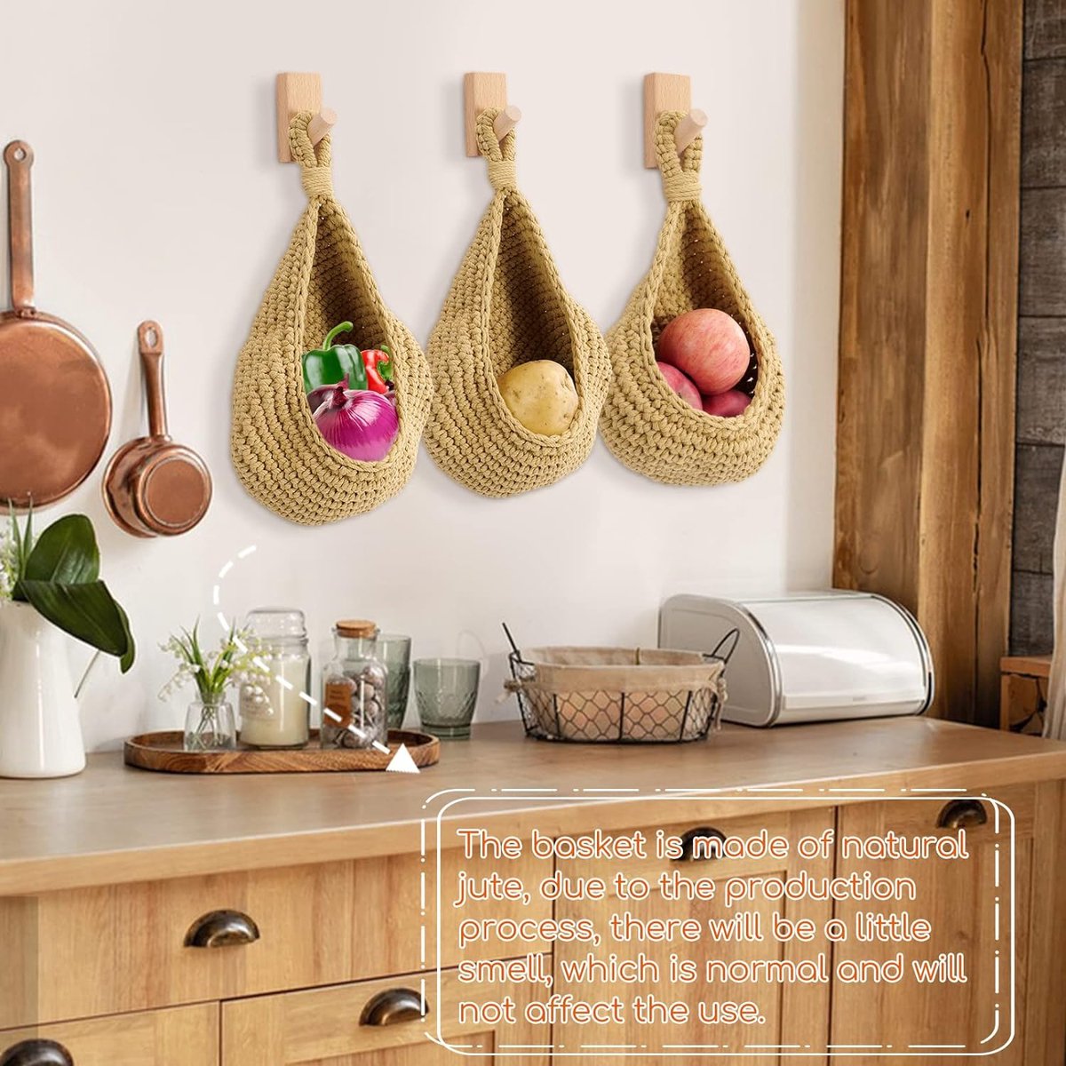 Hangmand, fruitmand, hangende wandmand, opbergmanden, gevlochten wilgenmand, om aan de muur te hangen, voor groenten en fruit, van natuurlijk riet, met 3 haken