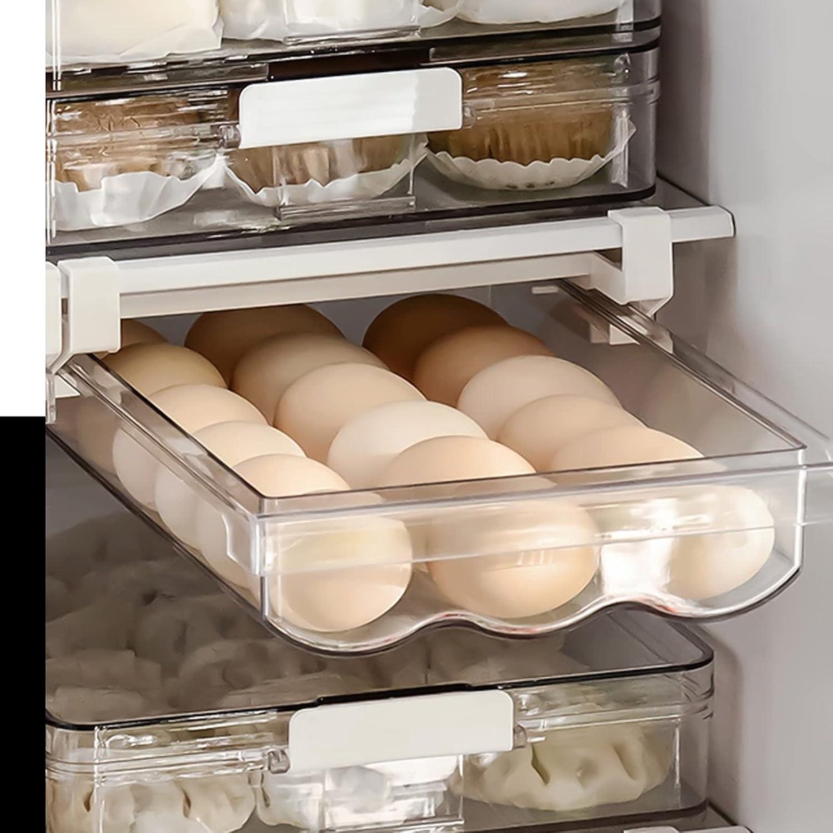 Drawer egg holder with slide rail and handle - Refrigerator egg drawer storage system - Plastic drawer egg storage