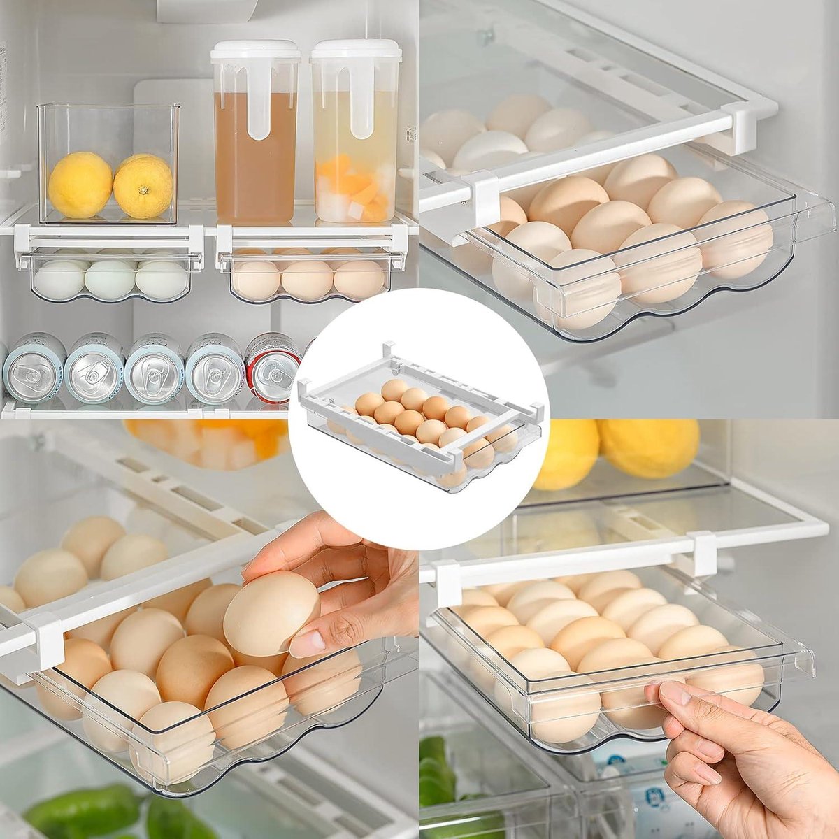 Drawer egg holder with slide rail and handle - Refrigerator egg drawer storage system - Plastic drawer egg storage