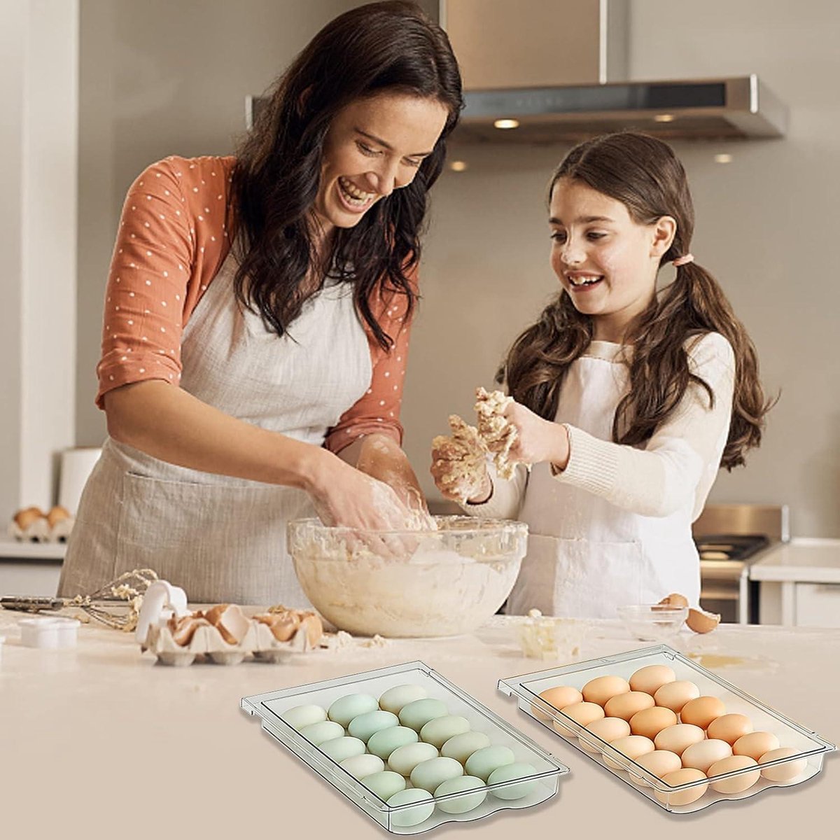 Drawer egg holder with slide rail and handle - Refrigerator egg drawer storage system - Plastic drawer egg storage
