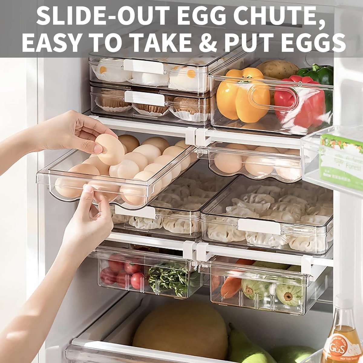 Drawer egg holder with slide rail and handle - Refrigerator egg drawer storage system - Plastic drawer egg storage