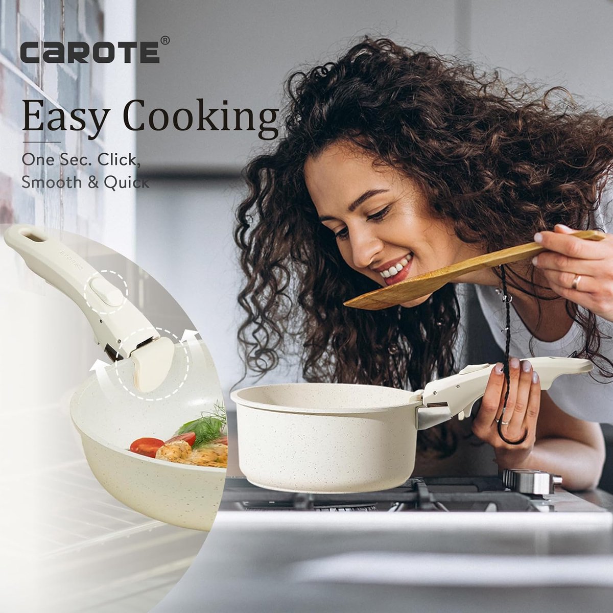 CAROTE Detachable Handle 11-Piece Cookware Set with Non-stick Coating, Suitable for All Hobs, Cookware Sets Can Be Stacked to Save Space (11pcs)