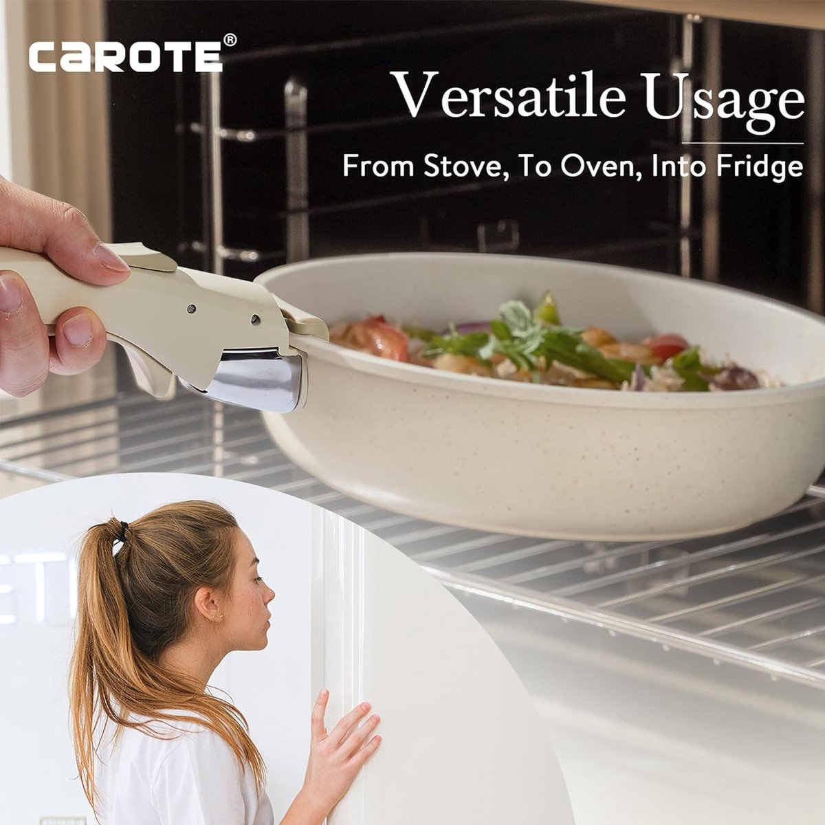 CAROTE Detachable Handle 11-Piece Cookware Set with Non-stick Coating, Suitable for All Hobs, Cookware Sets Can Be Stacked to Save Space (11pcs)