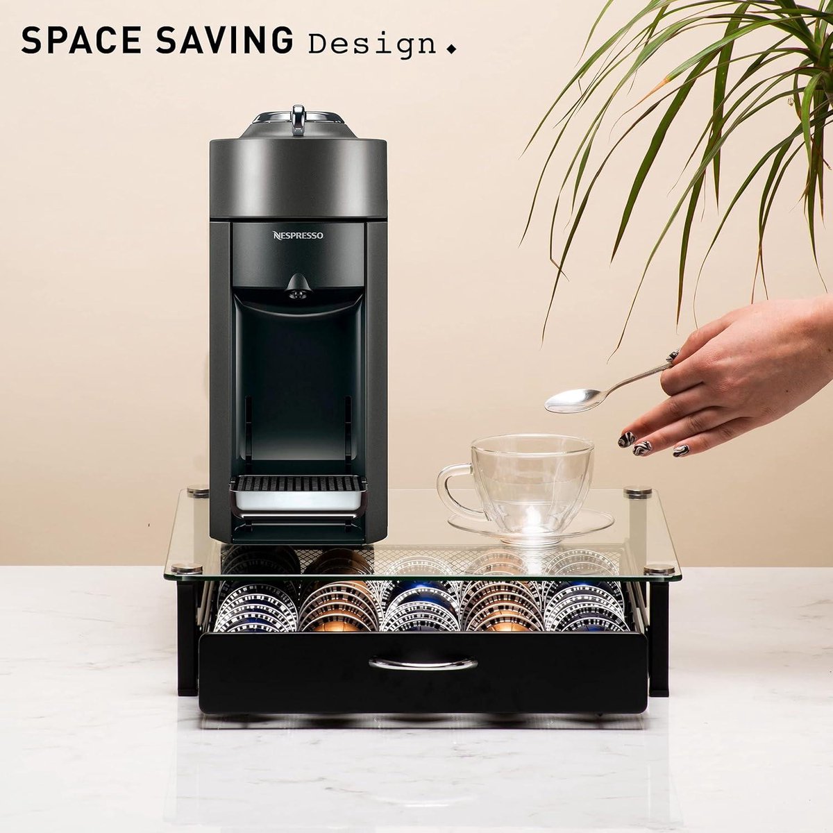 45 Pads Glazen Opbergvak Houder Compatibel met Nespresso Vertuo Vertuoline en Dolce Gusto - Grootste Vertuo Capsule Houder - Peak Coffee