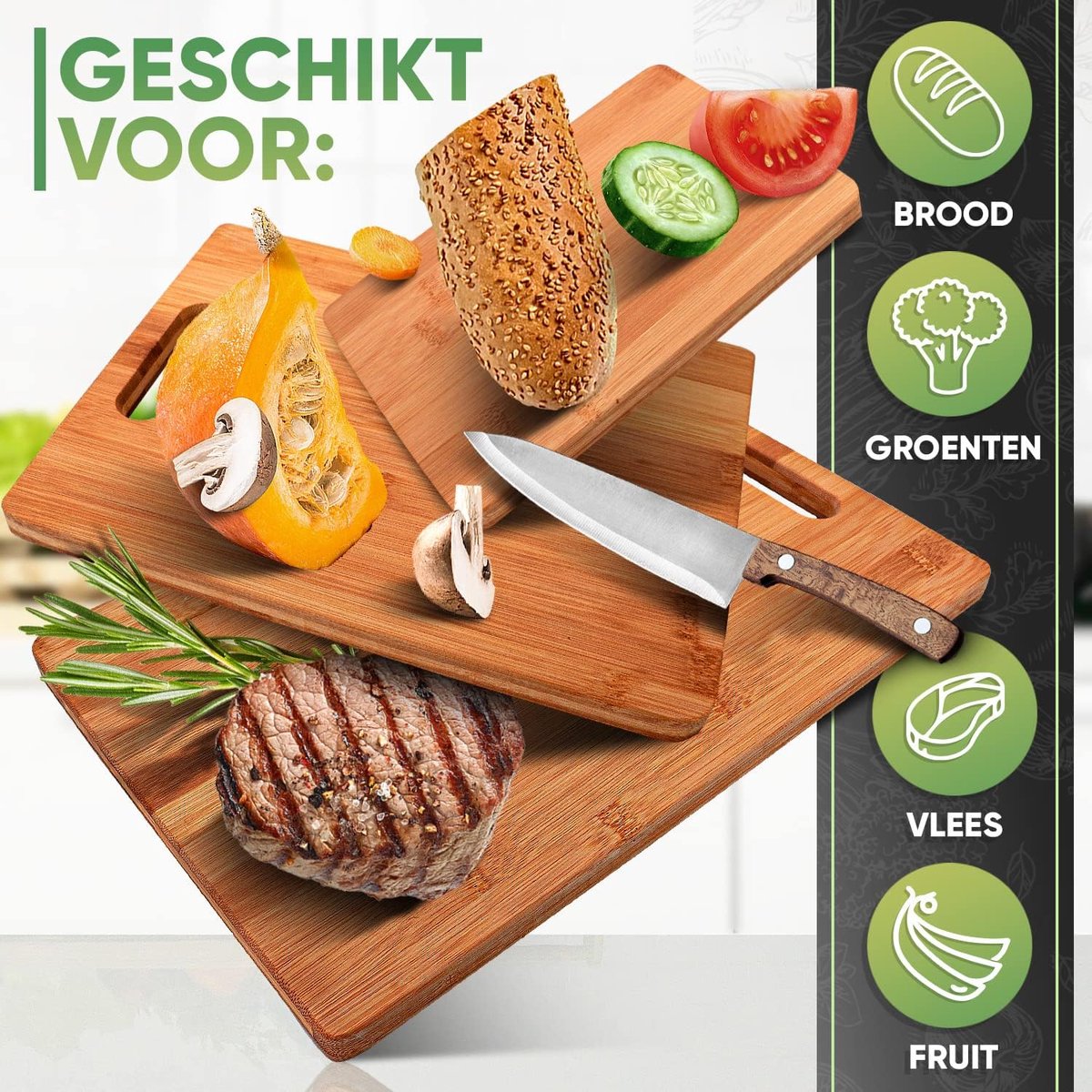 Loco Bird massieve bamboe snijplank set van 3 - 33x22 / 28x22 / 15x22cm - Houten keuken snijplank - Houten antibacteriële snijplank