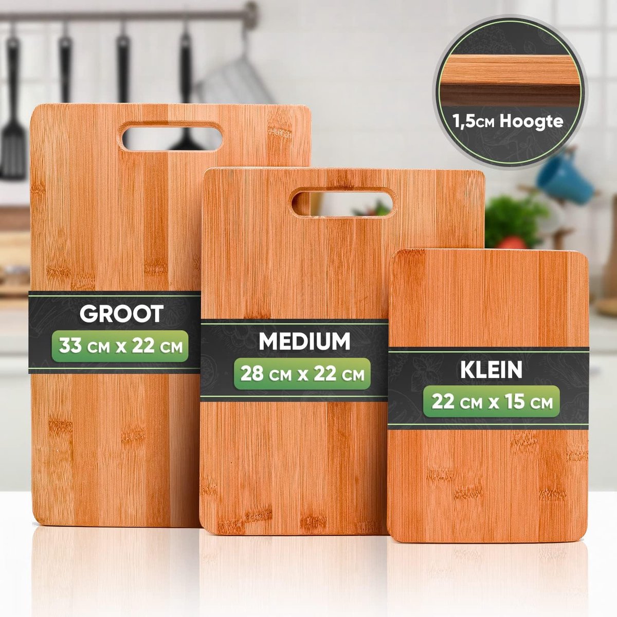 Loco Bird massieve bamboe snijplank set van 3 - 33x22 / 28x22 / 15x22cm - Houten keuken snijplank - Houten antibacteriële snijplank