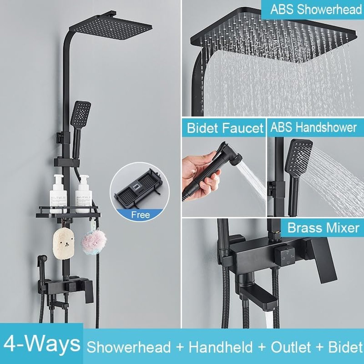 Complete Doucheset - ABS Douchesysteem - Hoofddouche & Handdouche - Vierkante Regendouche - Verstelbare Douche - Mat Zwart