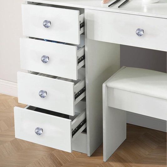 Make-uptafel met ledverlichting en kruk - Kaptafel met spiegel - 3 lichtkleuren - Make-uptafel met 6 planken - 6 laden - Voor slaapkamer - 80 x 36 x 131 cm make-uptafel