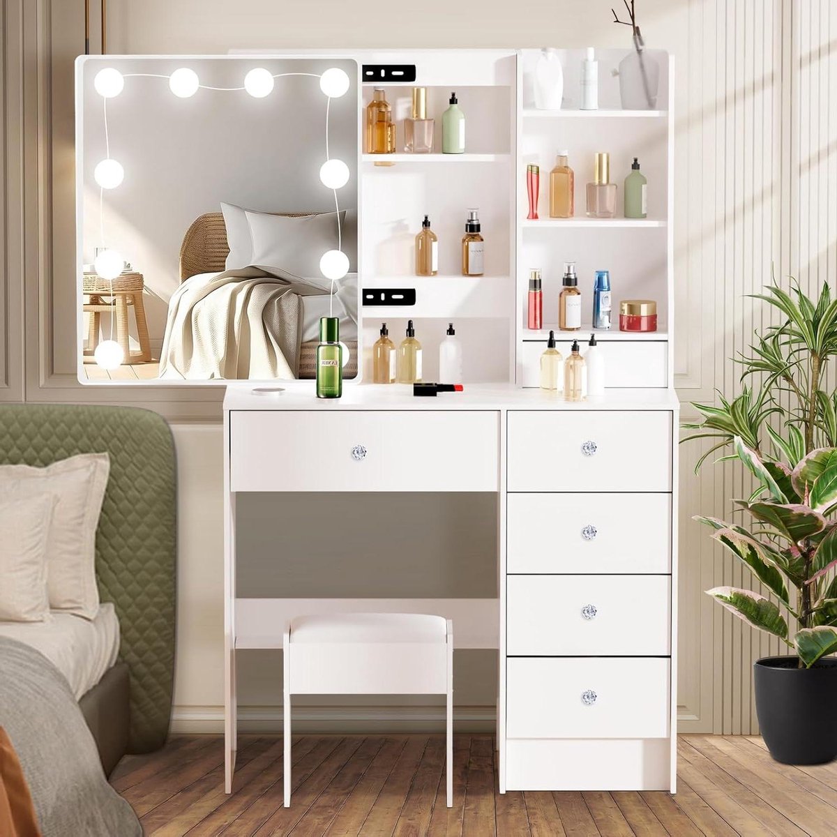 Make-uptafel met ledverlichting en kruk - Kaptafel met spiegel - 3 lichtkleuren - Make-uptafel met 6 planken - 6 laden - Voor slaapkamer - 80 x 36 x 131 cm make-uptafel