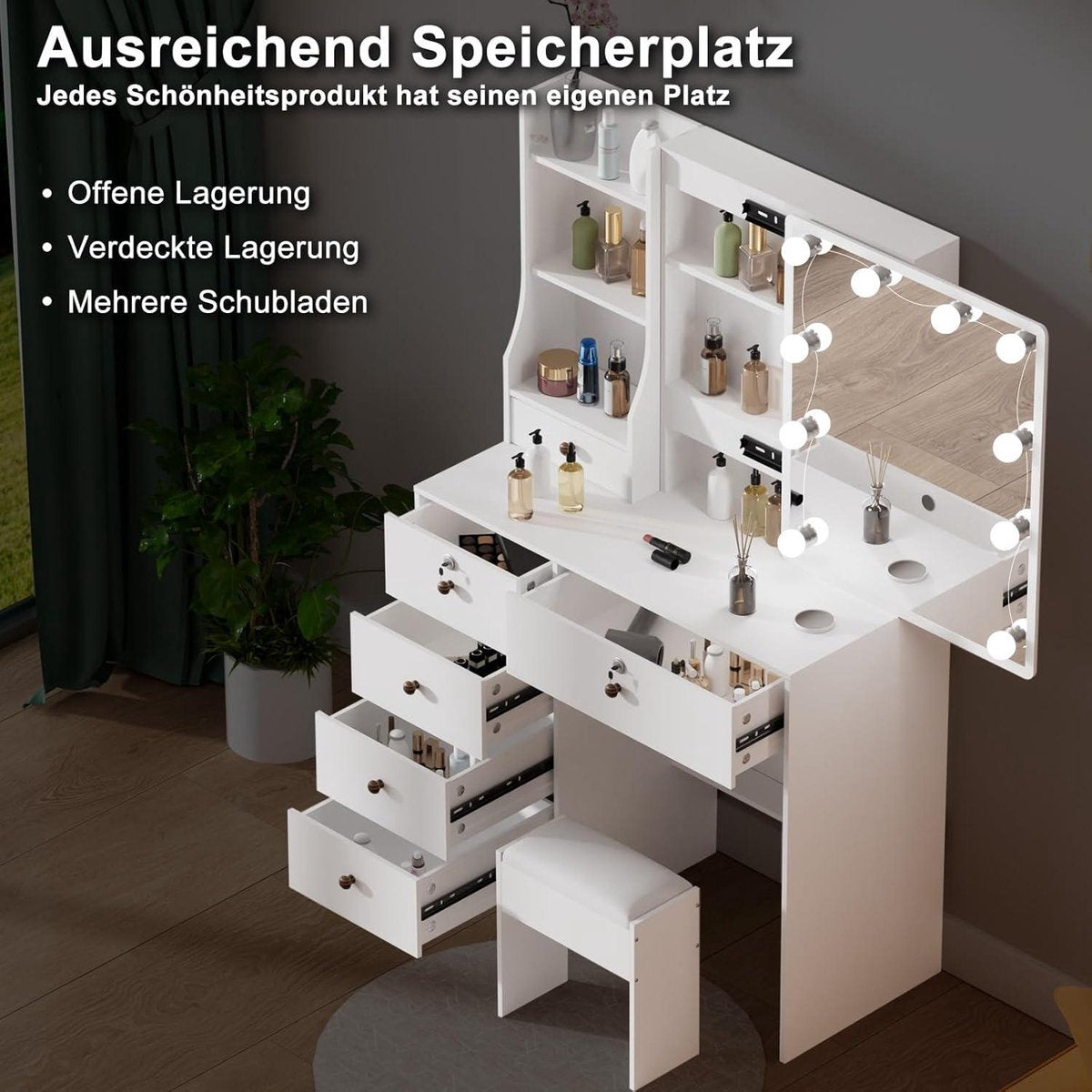 Make-uptafel met ledverlichting en kruk - Kaptafel met spiegel - 3 lichtkleuren - Make-uptafel met 6 planken - 6 laden - Voor slaapkamer - 80 x 36 x 131 cm make-uptafel