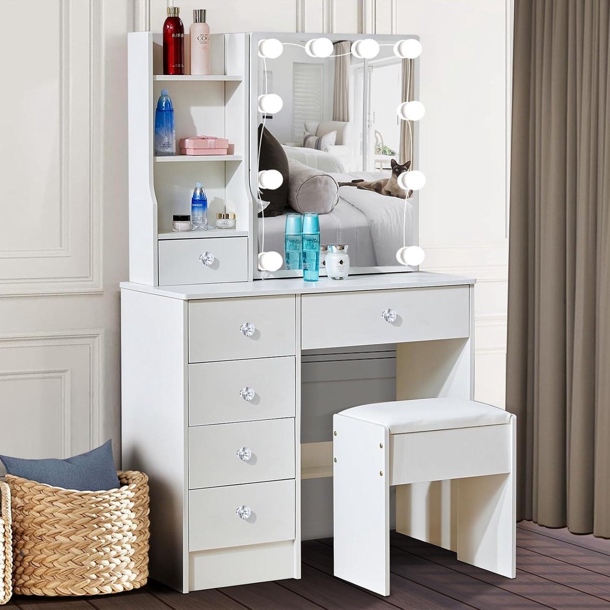 Make-uptafel met ledverlichting en kruk - Kaptafel met spiegel - 3 lichtkleuren - Make-uptafel met 6 planken - 6 laden - Voor slaapkamer - 80 x 36 x 131 cm make-uptafel