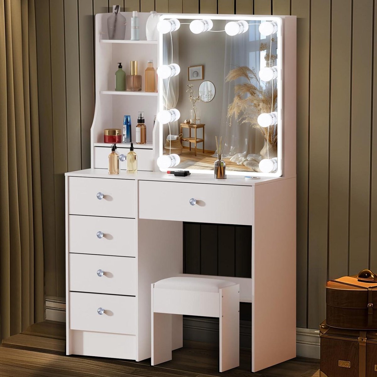 Make-uptafel met ledverlichting en kruk - Kaptafel met spiegel - 3 lichtkleuren - Make-uptafel met 6 planken - 6 laden - Voor slaapkamer - 80 x 36 x 131 cm make-uptafel