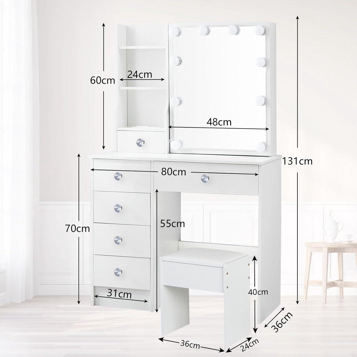 Make-uptafel met ledverlichting en kruk - Kaptafel met spiegel - 3 lichtkleuren - Make-uptafel met 6 planken - 6 laden - Voor slaapkamer - 80 x 36 x 131 cm make-uptafel