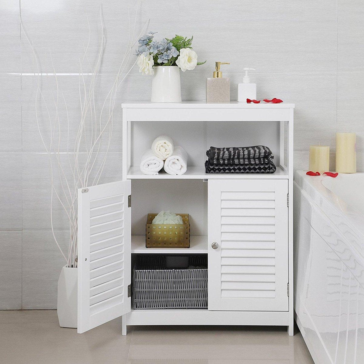 Bathroom Cabinet with 2 Doors and Open Compartment - White