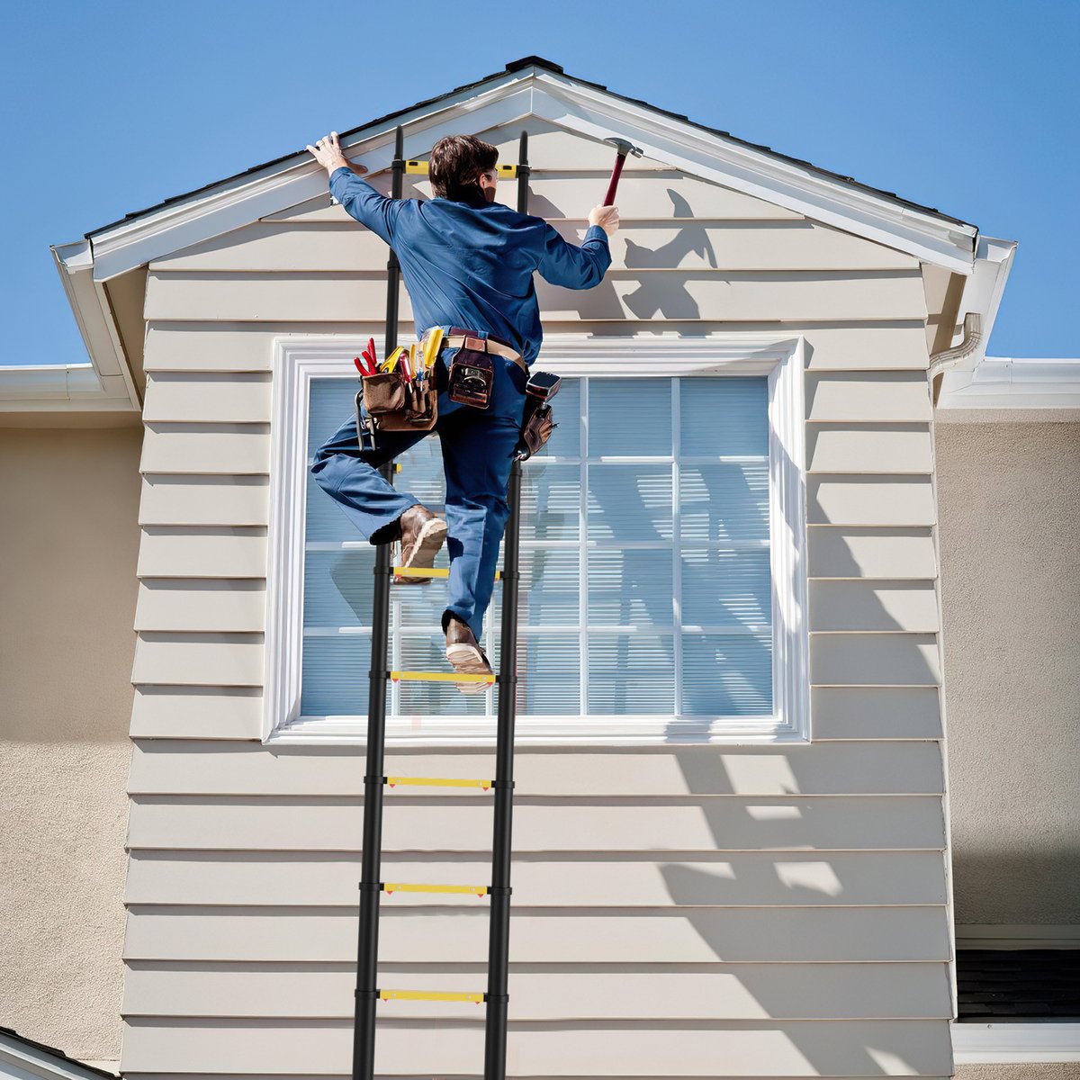 Telescopische Vouwladder - Telescopische Ladders Alu-3,2m ONE-knop retractie - Met haak- geel zwart