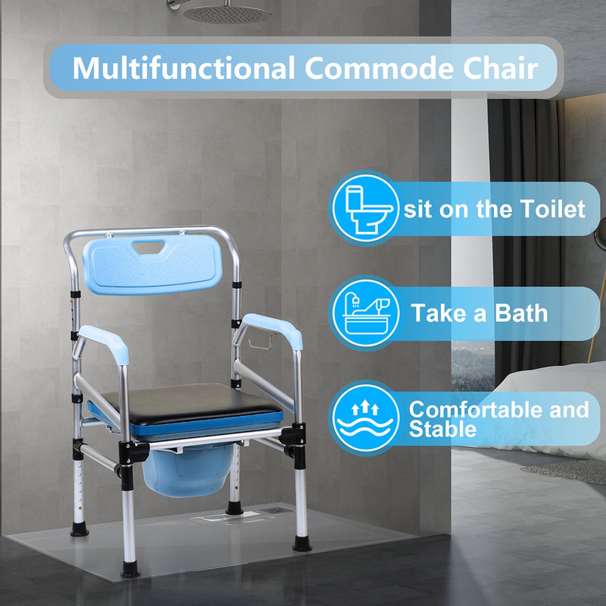 Commode Stoel Hoogte verstelbaar - Toilet hulpmiddel incl. gestoffeerde zitting en toiletemmer - Po stoel Ergonomisch - WC stoel Draagvermogen tot 160 kg