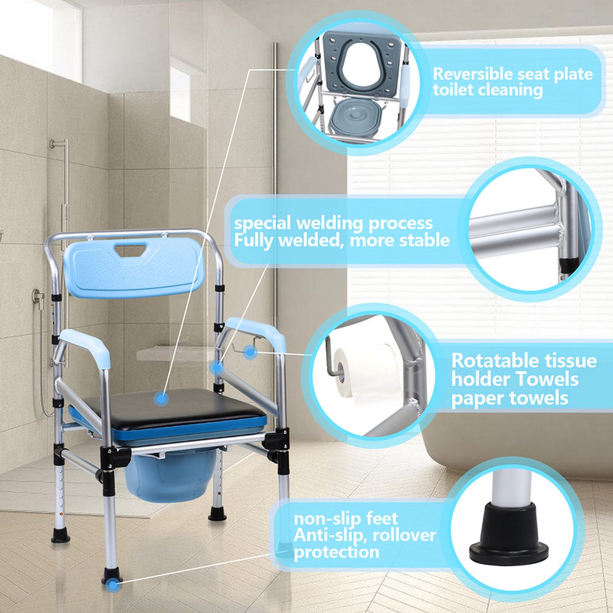 Commode Stoel Hoogte verstelbaar - Toilet hulpmiddel incl. gestoffeerde zitting en toiletemmer - Po stoel Ergonomisch - WC stoel Draagvermogen tot 160 kg
