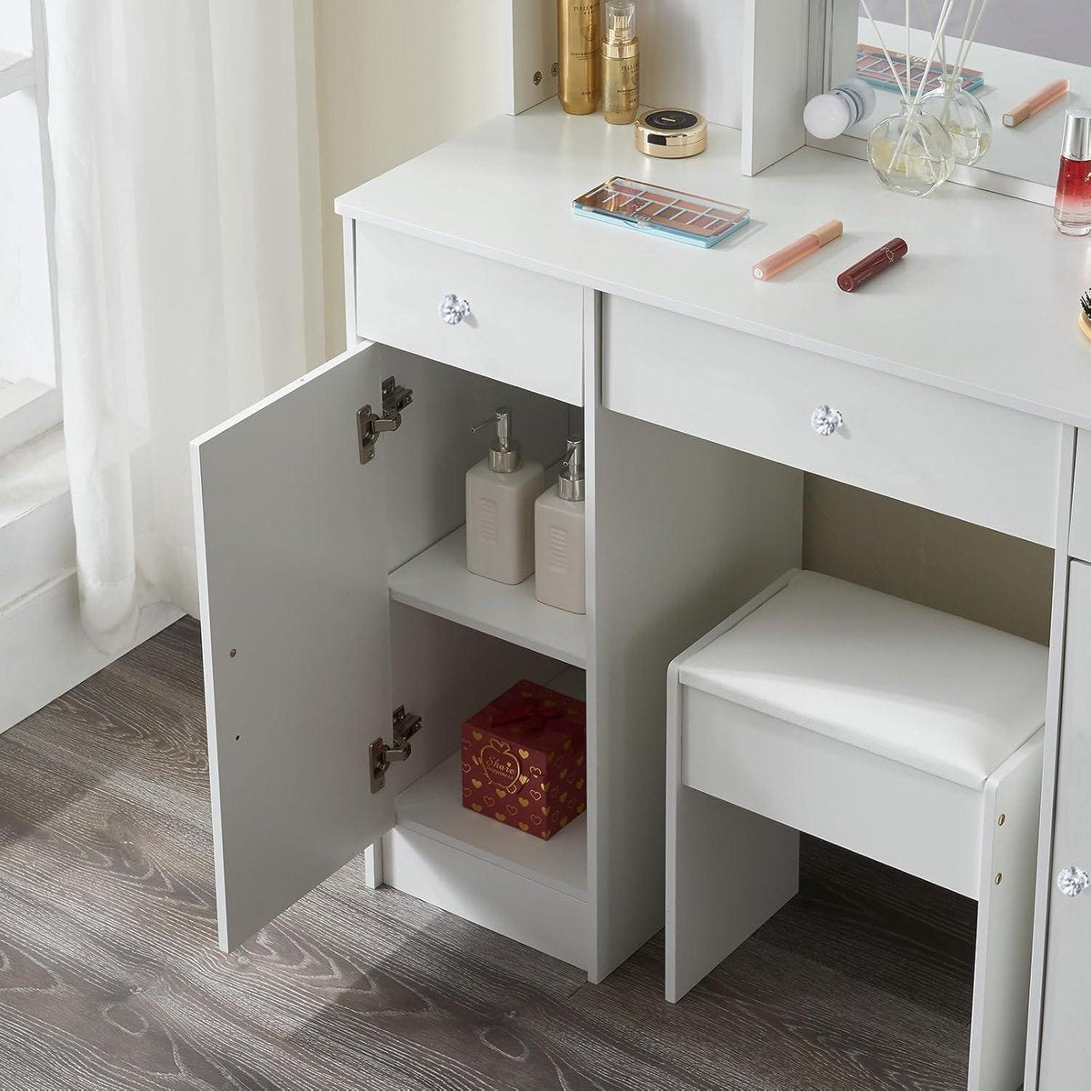 Make-uptafel met spiegel en kruk - Wit - Kaptafel met verlichting - 4 laden - 7 vakken - Slaapkamer - 83 x 36 x 140 cm make-up tafel