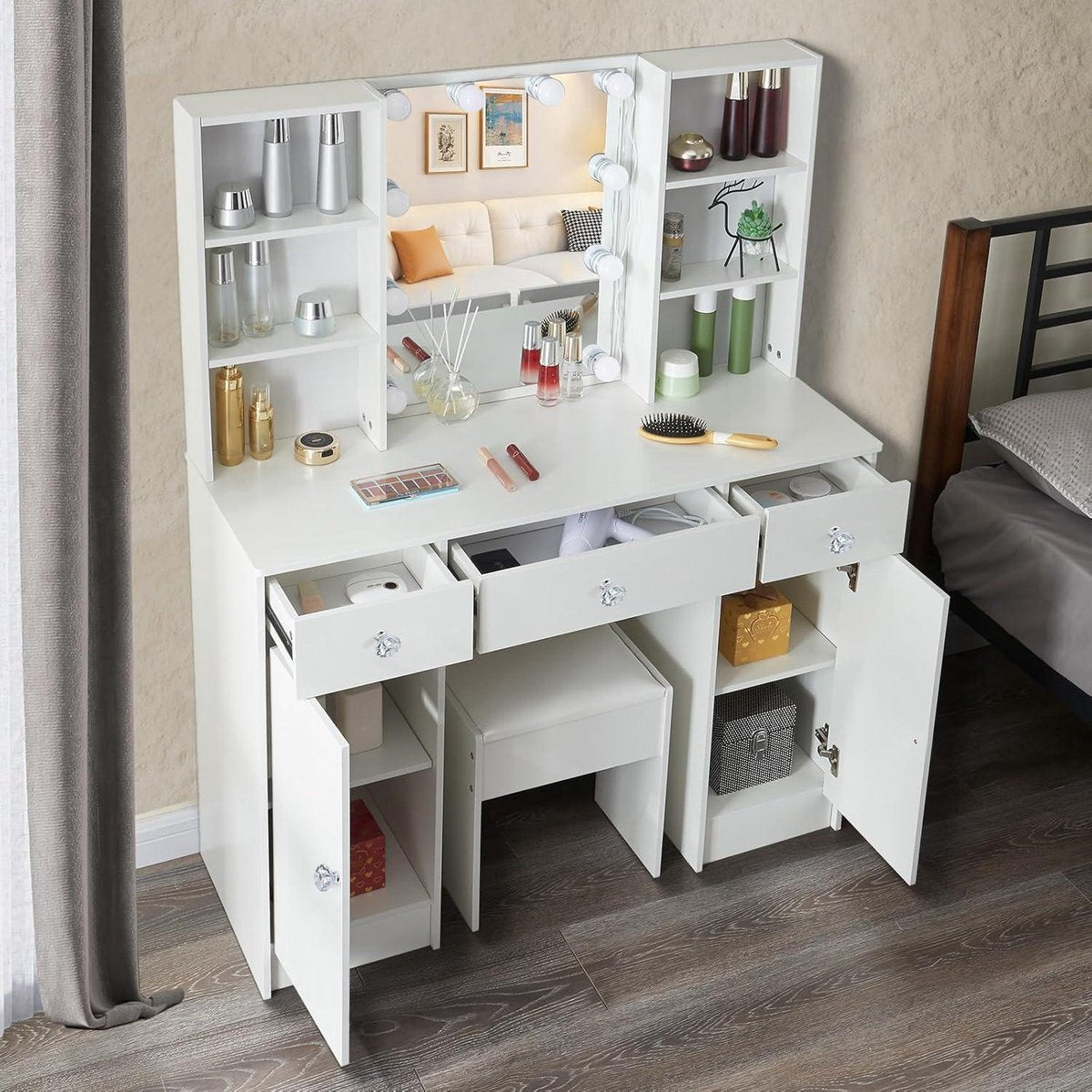 Make-uptafel met spiegel en kruk - Wit - Kaptafel met verlichting - 4 laden - 7 vakken - Slaapkamer - 83 x 36 x 140 cm make-up tafel