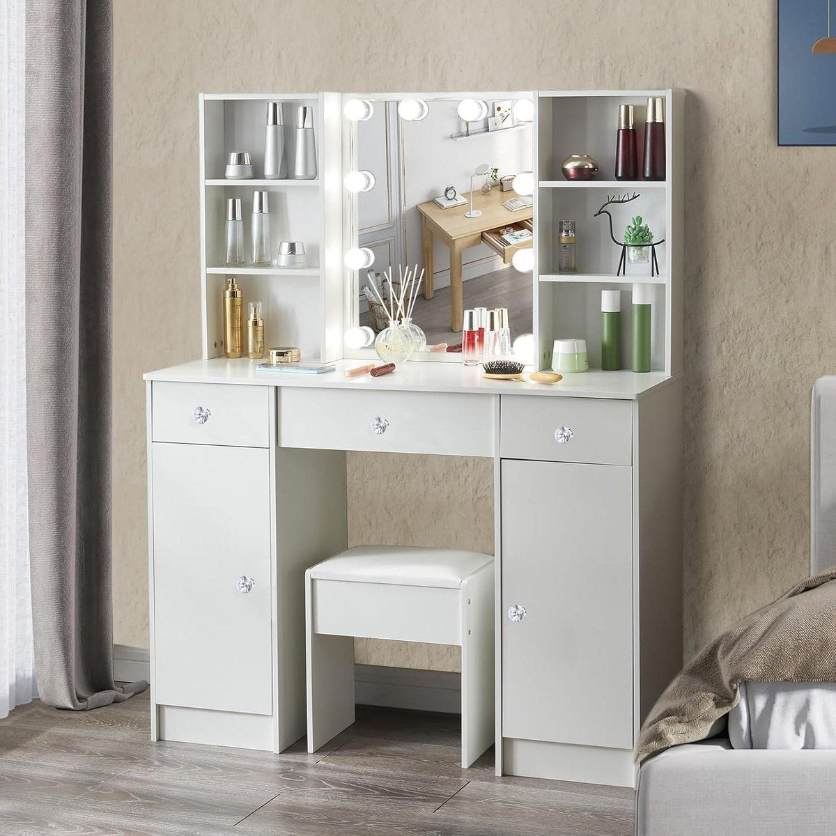 Make-uptafel met spiegel en kruk - Wit - Kaptafel met verlichting - 4 laden - 7 vakken - Slaapkamer - 83 x 36 x 140 cm make-up tafel